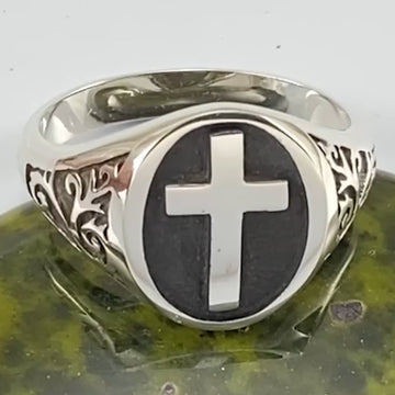 Modern Cross Sterling Silver Signet Men Ring TRI1963